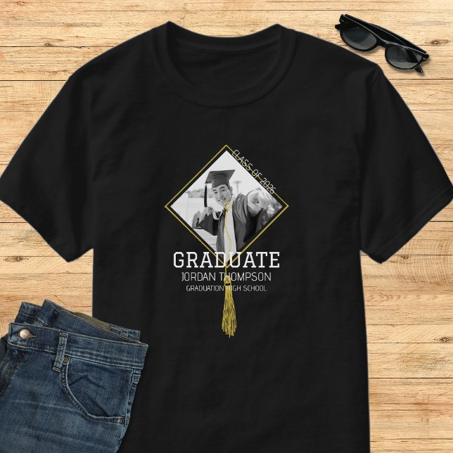 Elegant Black & White Graduate Photo School Name T-Shirt (Creator Uploaded)