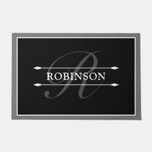Elegant Black White Gray Monogram & Name Doormat