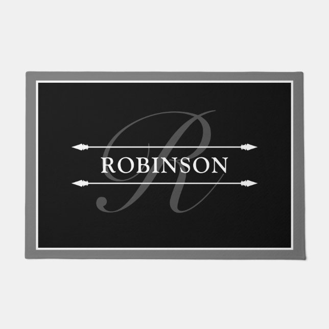 Elegant Black White Gray Monogram & Name Doormat (Front)