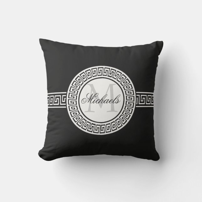Elegant Black | White Greek Key Monogram Outdoor Cushion (Front)
