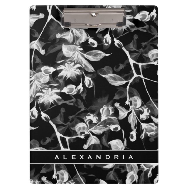 Elegant Black White & Grey Floral Clipboard (Front)