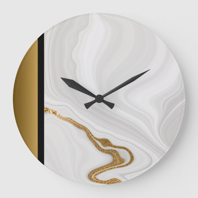 Elegant Black White Grey Gold Marble Pattern   Large Clock (Front)