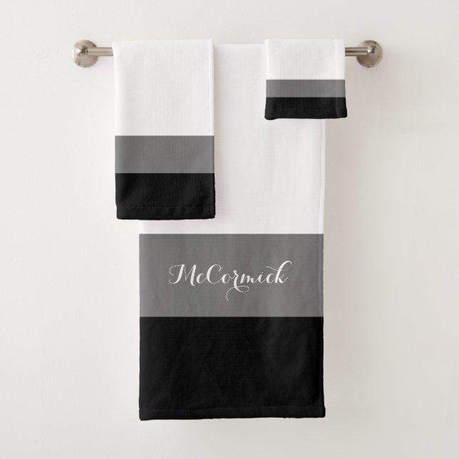 Elegant Black White Grey Stripes Script Monogram Bath Towel Set (Insitu)