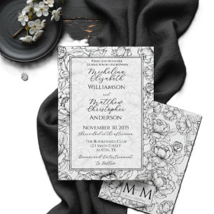 Elegant Black White Hand-Drawn Floral Wedding  Invitation