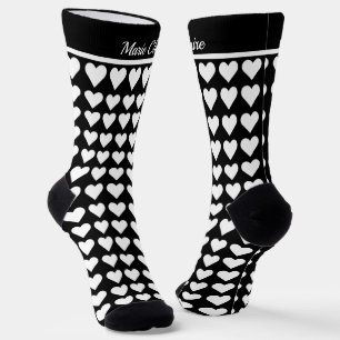 Elegant Black White Heart Pattern Personalised Nam Socks