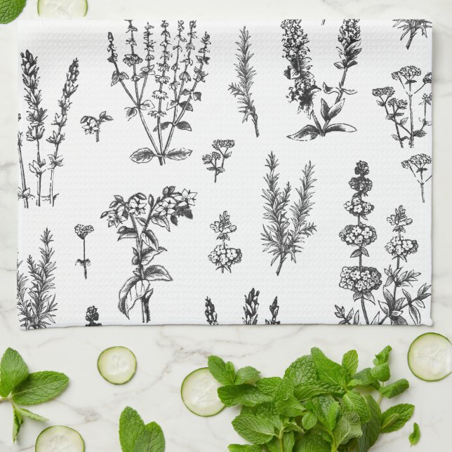 Elegant Black White Herbal Garden Pattern Tea Towel (Folded)