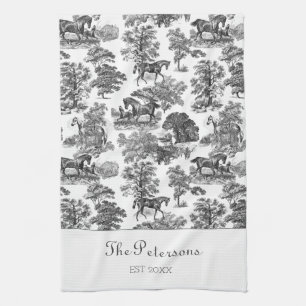 Elegant Black White Horses Toile Rustic Farmhouse Tea Towel