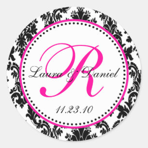Elegant Black White Hot Pink Damask Wedding Classic Round Sticker
