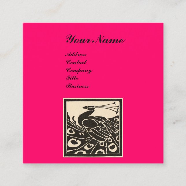 ELEGANT BLACK WHITE HOT PINK PEACOCK MONOGRAM SQUARE BUSINESS CARD (Front)