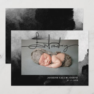 Elegant Black White Introducing Script Photo Baby Announcement