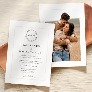 Elegant Black White Ivory Platemark Photo Wedding Invitation