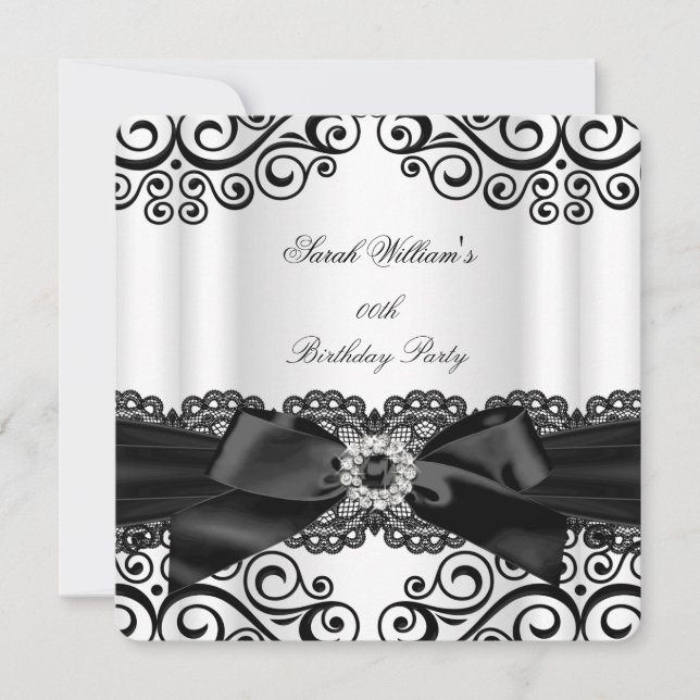 Elegant Black White Lace Bow Birthday Party Invitation (Front)