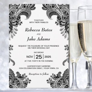 Elegant Black White Lace Wedding Invitation