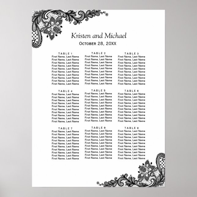 Elegant Black White Lace Wedding Seating Chart (Front)