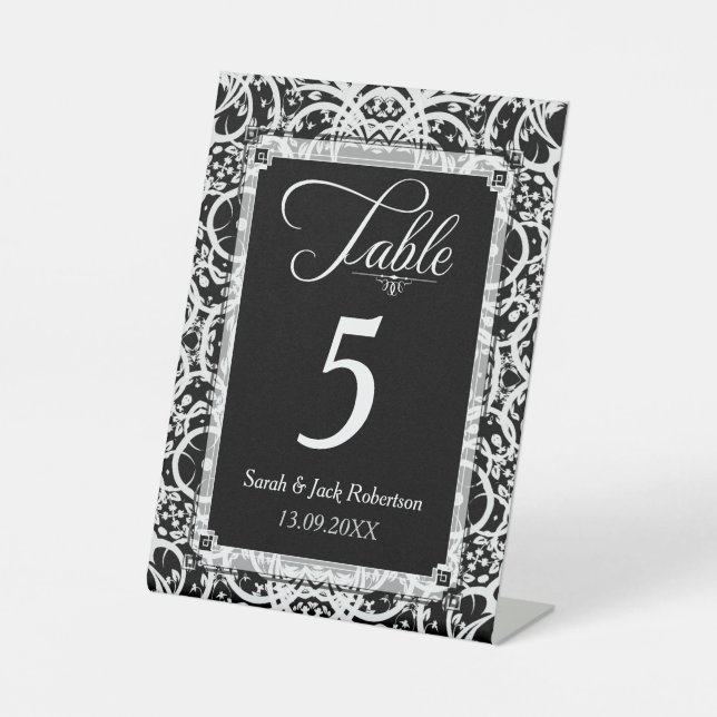 Elegant Black White Lace Wedding Table Number Card Pedestal Sign (Front)