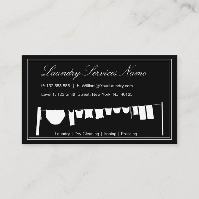 Elegant Black & White Laundry Business Card (Front)