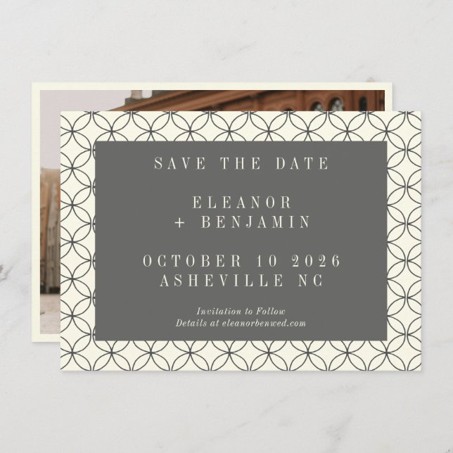 Elegant Black White Line Art Wedding Photo Save The Date (Front/Back)