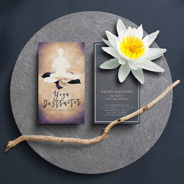 Elegant Black White Lotus and Yoga Meditation Pose Business Card (Creator Uploaded)