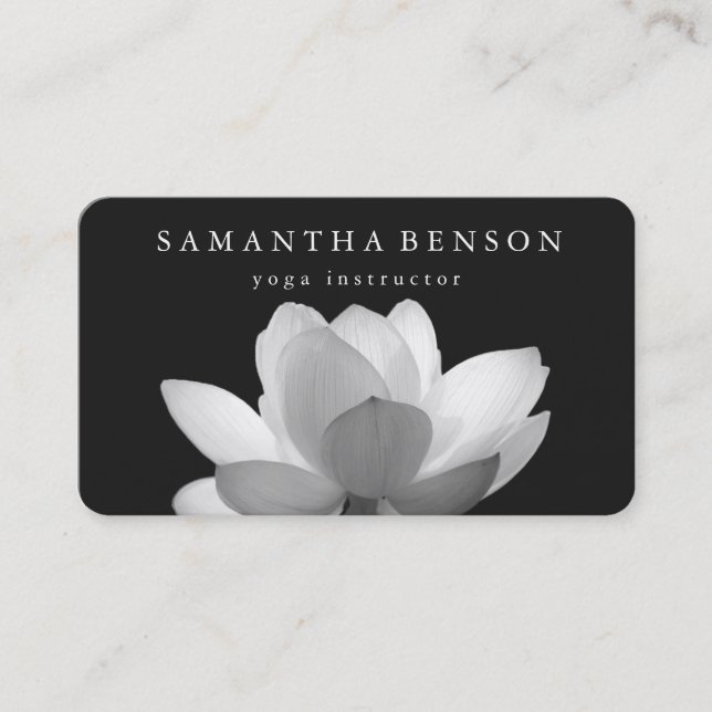 Elegant Black & white Lotus Flower Logo Yoga Business Card (Front)