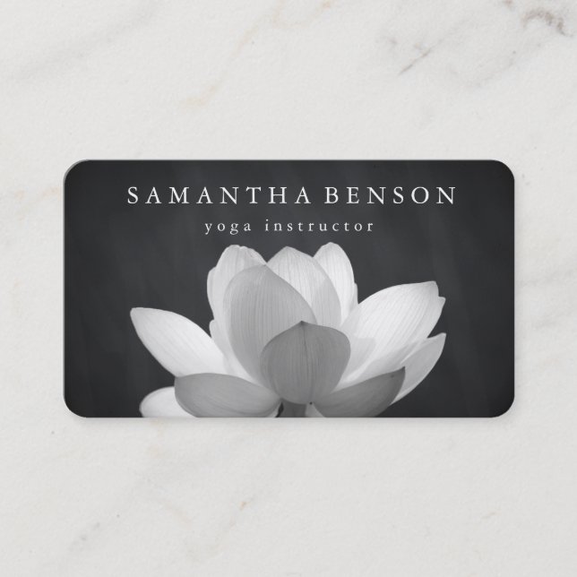 Elegant Black & white Lotus Flower Logo Yoga Business Card (Front)