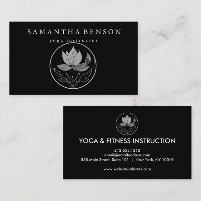 Elegant Black & white Lotus Flower Logo Yoga Business Card (Front/Back)