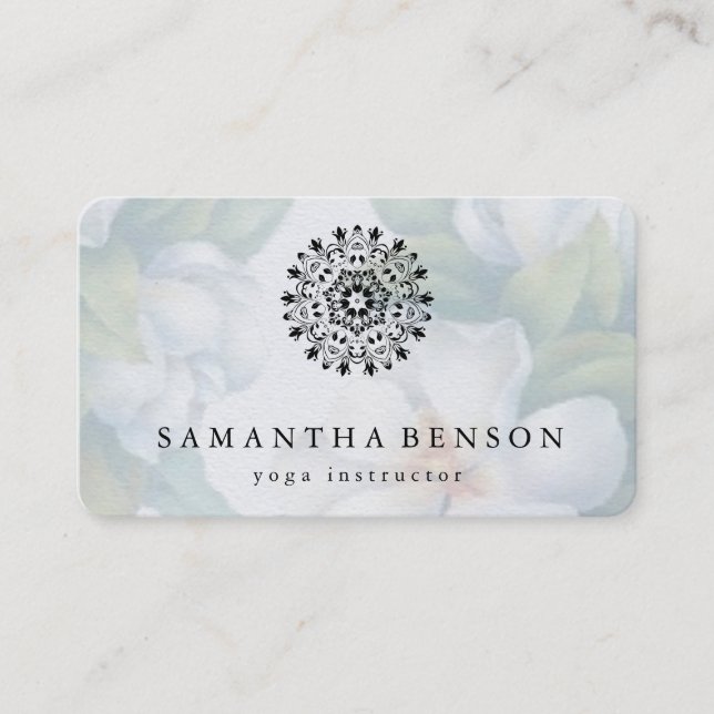 Elegant Black & white Lotus Flower Logo Yoga Business Card (Front)