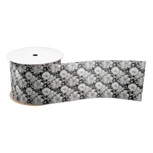 Elegant black white Magnolia flower tiled Satin Ribbon