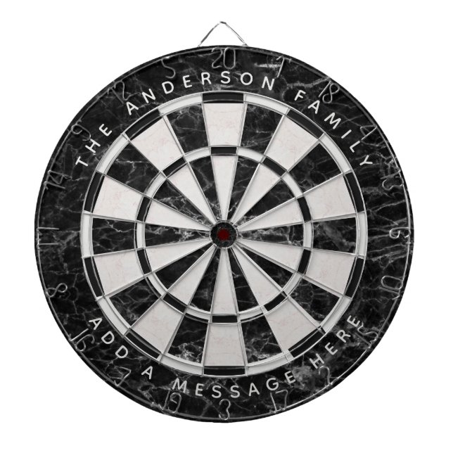  Elegant Black White Marble Custom Name Message  Dartboard (Front)
