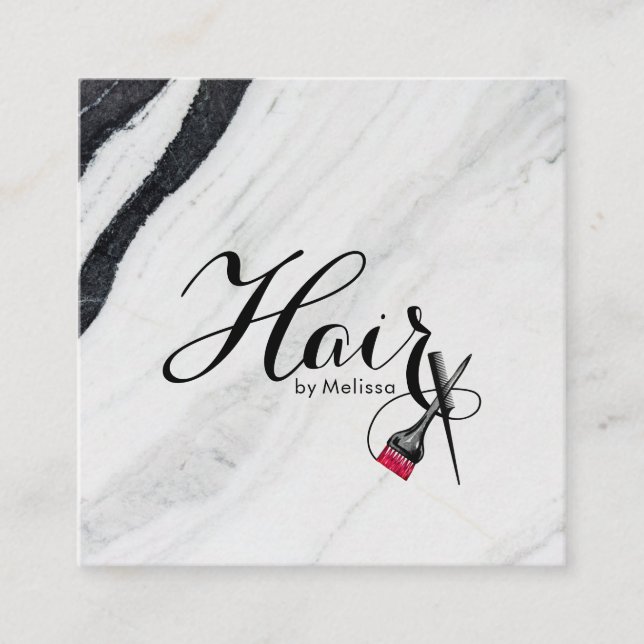 Elegant Black & White Marble Hair By Name QR Code Square Business Card (Front)