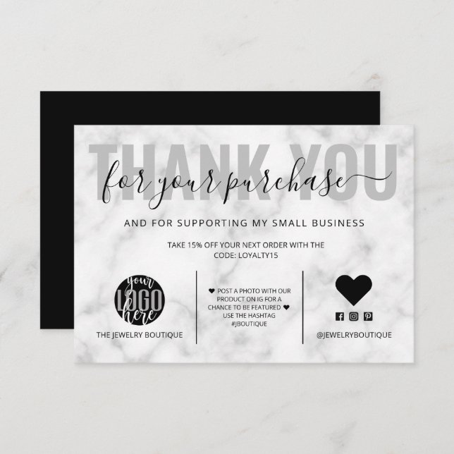 Elegant Black White Marble Logo Customer Thank You (Front/Back)