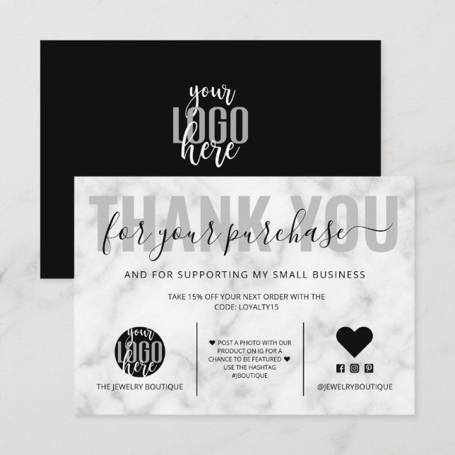 Elegant Black White Marble Logo Customer Thank You Card (Front/Back)