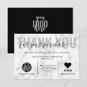 Elegant Black White Marble Logo Customer Thank You Card