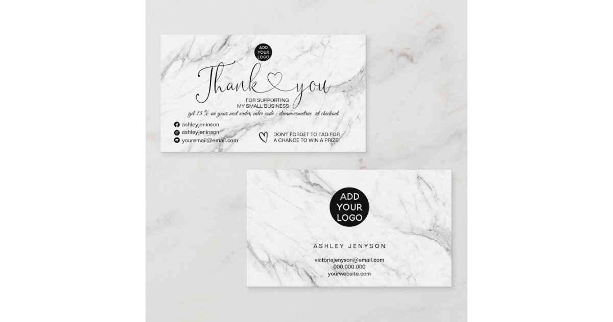 Elegant black white marble logo order thank you business card | Zazzle