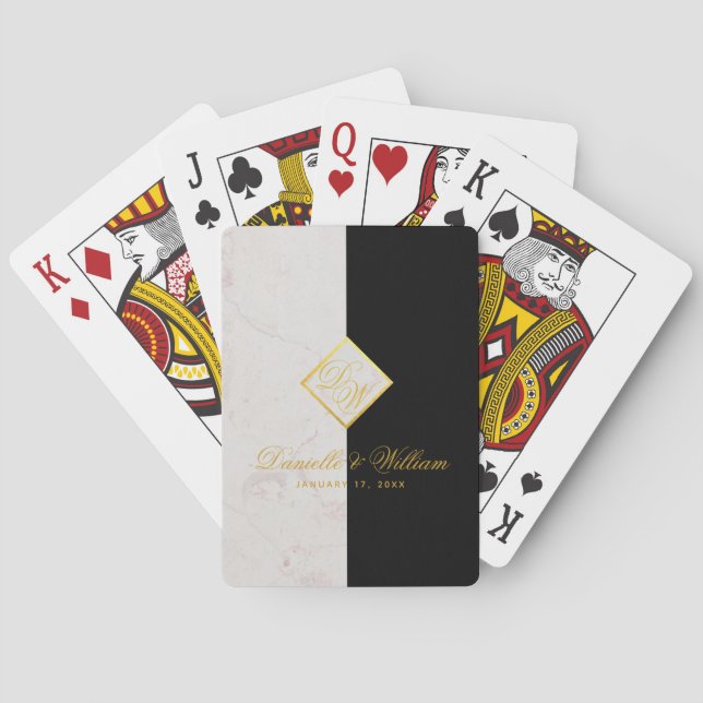 Elegant Black White Marble Monogram Gold Wedding Playing Cards (Back)