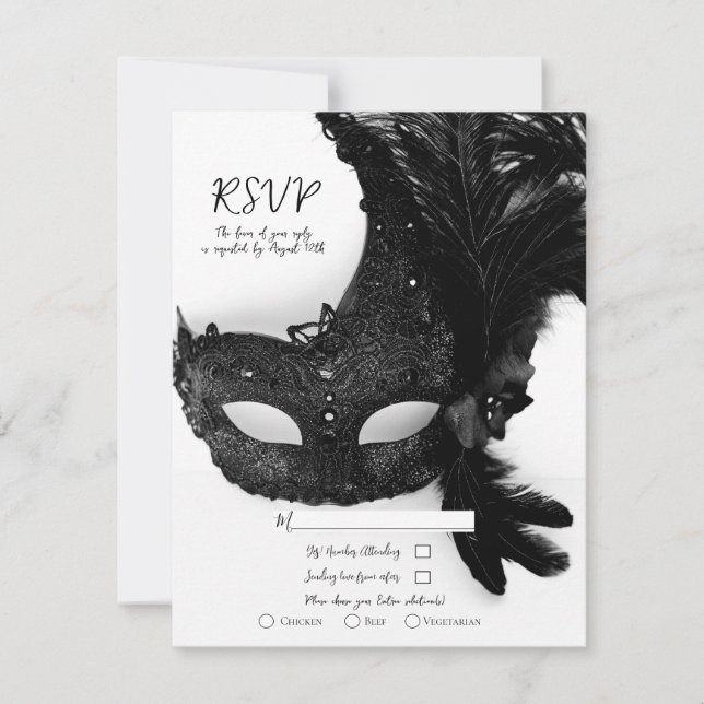 Elegant Black White Masquerade Mask Wedding RSVP  Invitation (Front)