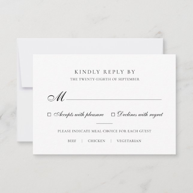 Elegant Black & White Meal Choice Wedding RSVP Card (Front)