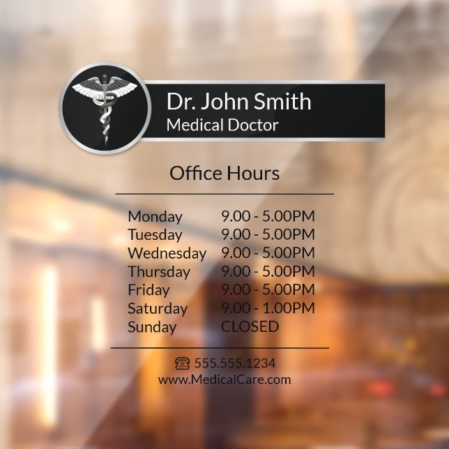 Elegant Black White Medical Caduceus Opening Hours Window Cling (Sheet 2)