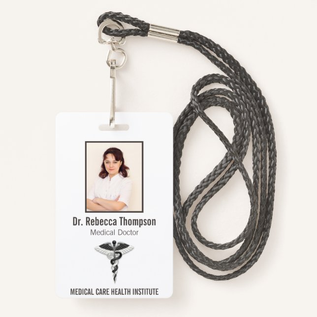 Elegant Black White Medical Caduceus Photo ID ID Badge (Front with Lanyard)