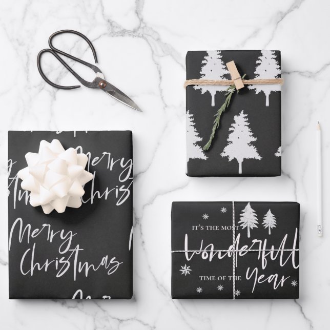 Elegant Black White Merry Christmas Quote Gift Wrapping Paper Sheet (Front)
