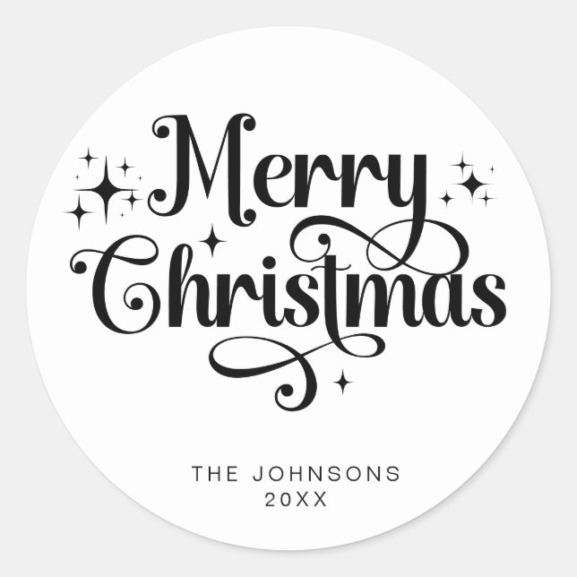 Elegant Black White Merry Christmas Script Custom Classic Round Sticker (Front)
