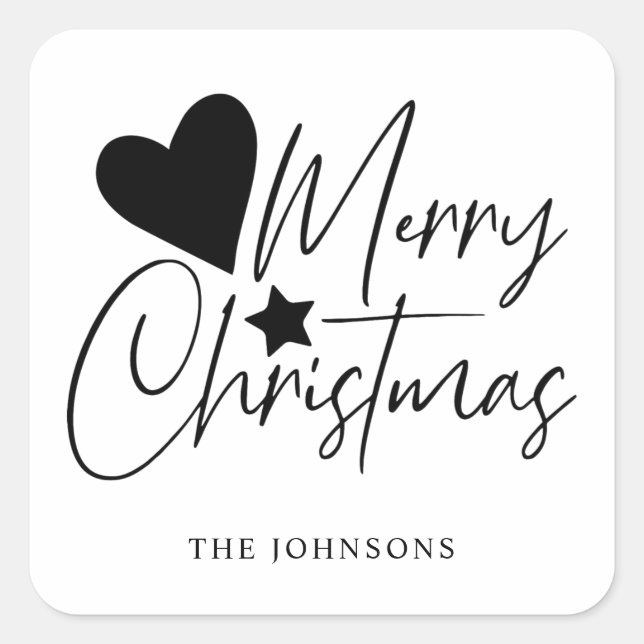 Elegant Black & White Merry Christmas Script Square Sticker (Front)