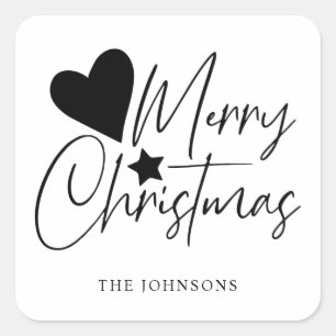 Elegant Black & White Merry Christmas Script Square Sticker