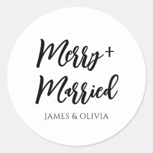 Elegant Black & White   Merry & Married Christmas Classic Round Sticker