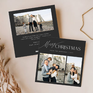 Elegant Black White Minimalist 3 Photo Christmas Holiday Card