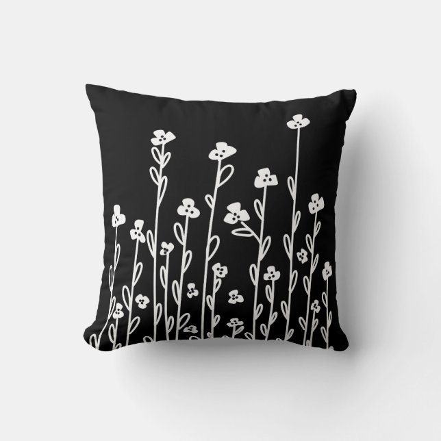 Elegant black white minimalist doodle floral cushion (Front)
