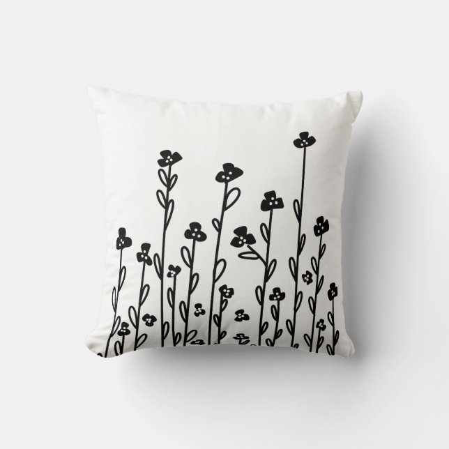 Elegant black white minimalist doodle floral cushion (Front)