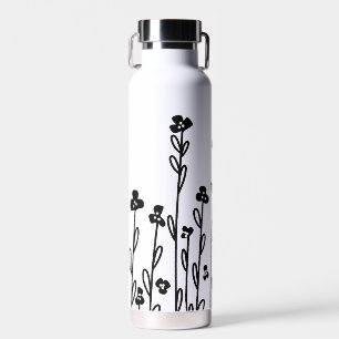 Elegant black white minimalist doodle floral water bottle