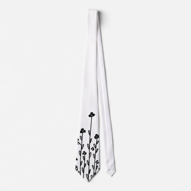 Elegant black white minimalist doodle wildflower tie (Front)