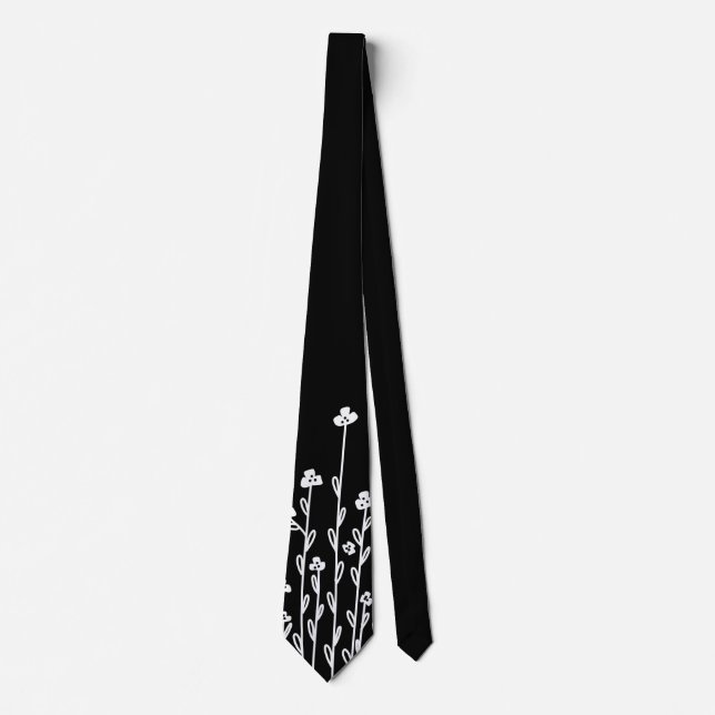 Elegant black white minimalist doodle wildflower tie (Front)