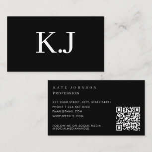 Elegant Black White Minimalist QR Code Monogram Business Card